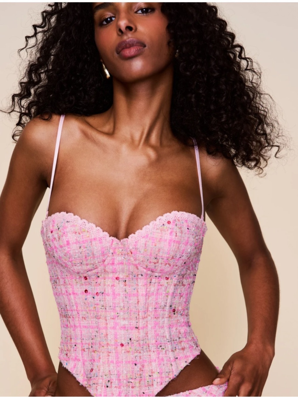 Pink Tweed Bustier Bodysuit with Delicate Straps